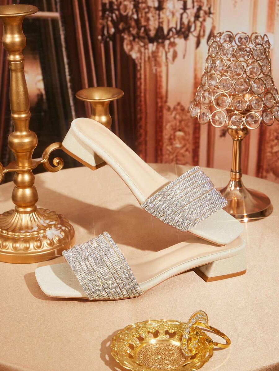CUCCOO TILAWA Square Toe Rhinestone Decor Slip-On Sandals, French Elegant Fashion Low Heel Open Toe Slides Summer Shoes - Beige - View 1