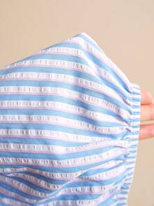 LOTSLUV Women's Blue & White Striped Off-Shoulder Short Sleeve Cropped Top, Spring/Summer - Blue and White - View 6