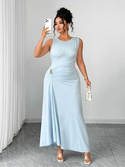 Elenzga Đầm dáng xòe chữ A màu xanh nhạt không tay, cổ tròn, cỡ lớn, có khóa kim loại, thiết kế co giãn, chất liệu dệt kim, kiểu dáng thanh lịch, đa năng dành cho kỳ nghỉ của phụ nữ.