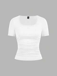 SHEIN EZwear Bộ 4 áo thun nữ tay ngắn cổ tròn màu trơn, kiểu dáng tối giản, thoải mái, thích hợp cho mùa xuân/hè. - Nhiều màu - Xem 3