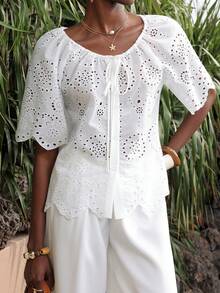 Vesra Women's Vacation Casual Solid Color Hollow Embroidered Blouse - White - View 3