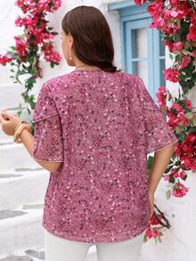 Miaspire 大码女式V领短袖印花荷叶边袖束腰上衣，夏季女装，夏季度假，女士度假装，简约时尚，日常穿着 - 彩色 - 查看 4