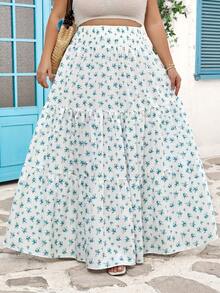 SHEIN CURVE+ Falda casual de vacaciones para mujer con estampado floral, cintura elástica y volantes en el bajo - Azul y blanco - Ver 3