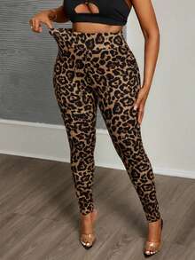 Slaydiva 大码时尚豹纹高腰打底裤 - 彩色 - 查看 1