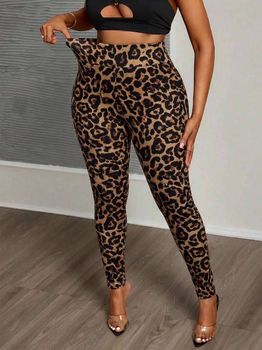 Slaydiva 大码时尚豹纹高腰打底裤 - 彩色 - 查看 1