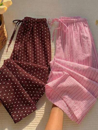 Comfortcana 2pcs Brown & Pink Pants, Music Festival Polka Dot, Pink Striped Woven Wide Leg Pants, Brown Polka Dot Pants, Brown Polka Dot Pants, Summer, Women Summer Clothing, Women Spring Summer Wear