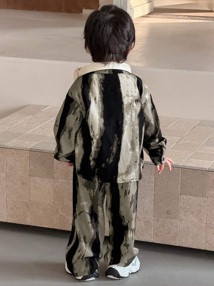 2pcs Toddler Boys' Gradient Korean Style Long Sleeve Shirt And Pants Set