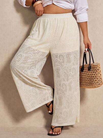 Elaquor Plus Size Casual Solid Color Jacquard Pants