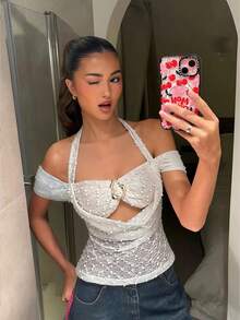 Siren Gaze 女士金属装饰露背吊带T恤，春夏新品 - 杏色 - 查看 1