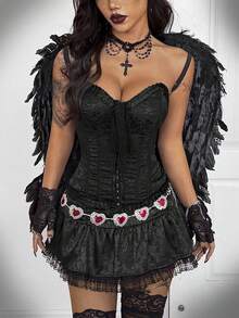 Coolane Top tubo negro con volantes, correas texturizadas, hebilla y lazo, estilo gótico Y2K chic para mujer, apto para todas las estaciones, otoño/invierno - Negro - Ver 3