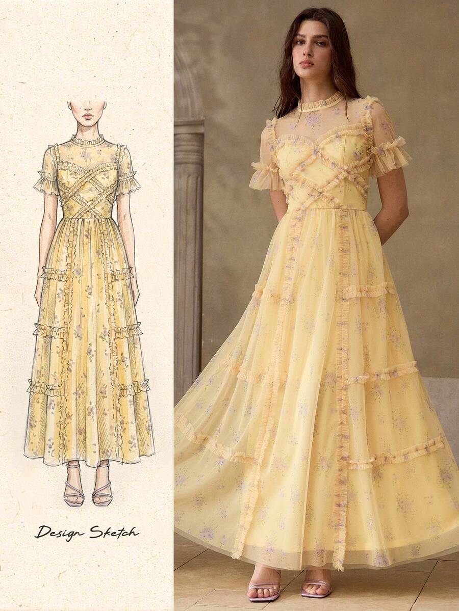 MOTF PREMIUM WOMEN'S ELEGANT FLORAL LONG DRESS - Yellow - View 1
