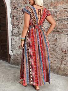 Breezaya Plus Size Women's Summer Romantic Vacation Retro Striped Print Shirred Ruffle Hem Dress, Elastic Waist Side Slit Flared Maxi Dress, Suitable For Beach Vacation, Outdoor Travel Boho Dresses For Women Women's Summer Dresses Vacation Outfits Women Dress Dresses For Women Women Holiday Dress - Multicolor - View 2