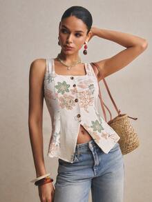 Poéselle Áo tank top nữ kiểu dáng thường ngày in hoa, cài cúc phía trước, thích hợp cho kỳ nghỉ. - Nhiều màu - Xem 4