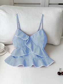 Flirla 女士条纹拼接荷叶边吊带背心 女士夏季套装 条纹背心 女士夏季套装 女士夏季上衣 女士两件套 - 淺藍色 - 查看 3