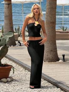MainGRL Women's Casual Black 3D Floral Decor Camisole And Mid-Length Skirt 2 Pieces Set - Black - View 3