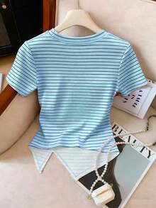 GlowEve Áo thun nữ tay ngắn cổ tròn kẻ sọc, kiểu dáng thường ngày, đa năng. - Màu xanh nhạt - Xem 2