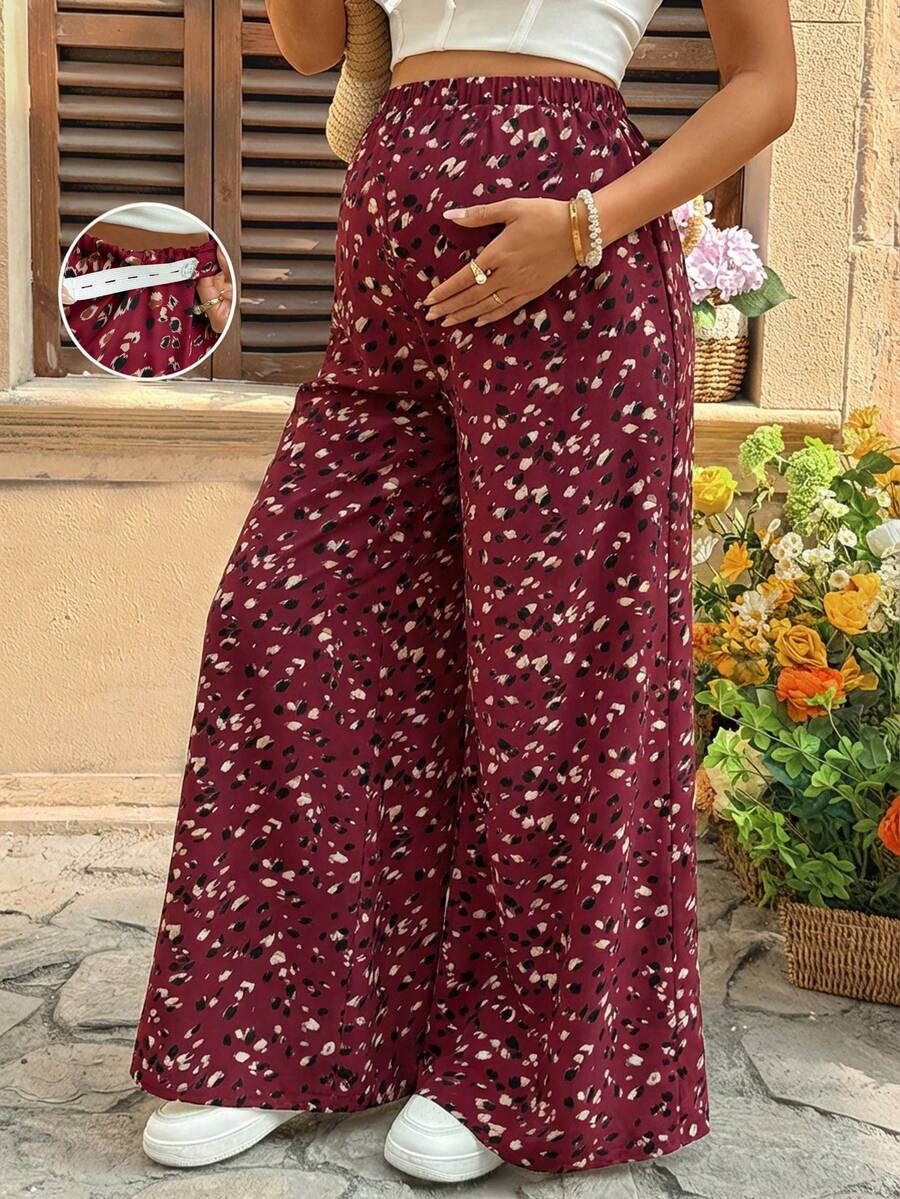 Pantalones casuales de maternidad de cintura ajustable con estampado completo para uso diario - Burdeos - Ver 1