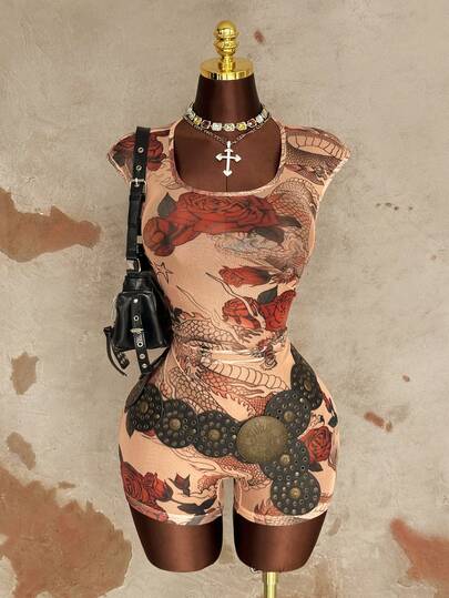 Sunspun 大码朋克风时尚透视印花连体裤，春夏款