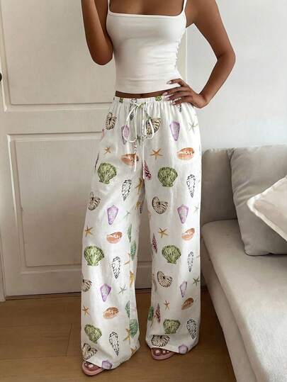 Aloruh Women's Spring/Summer Casual New Starfish, Seashell, Shell Print Low-Waist Loose Linen Drawstring Wide Leg Pants, Suitable For Beach Vacation
