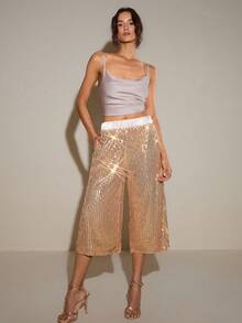 LOTSLUV Women's Gold Sequin Fabric Straight Leg Loose Casual Pants, Spring/Summer - Gold - View 4