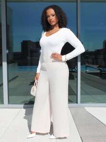 Steph T 夏季裤子女士条纹抽绳腰直筒宽松休闲裤 - 杏色 - 查看 6