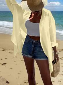 EMERY ROSE Đầm sơ mi nữ cỡ lớn đính sequin, kiểu dáng thường ngày, năm 2025. - Màu vàng - Xem 2