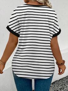 EMERY ROSE Women's Spring/Summer New Round Neck Short Sleeve Striped Print Casual Versatile Plus Size T-Shirt - White - View 2