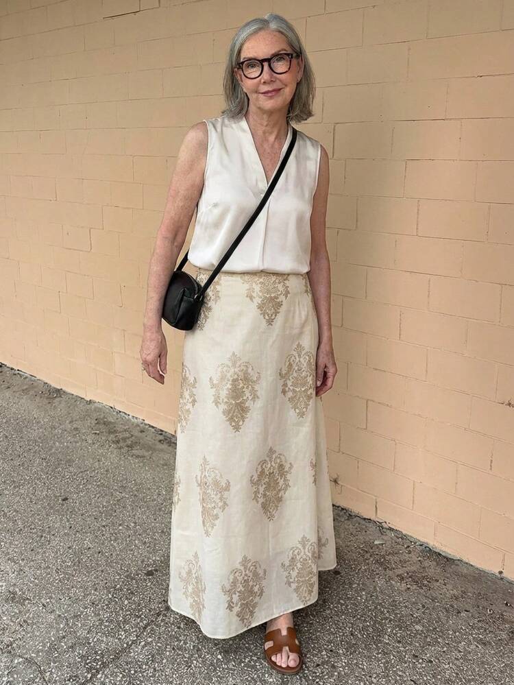 Floral Print Patchwork Sequin Waist A-Line Maxi Casual Vacation Skirt For Women, Summer