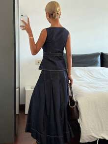 Livesso Conjunto de top sin mangas de algodón azul y falda vaquera para mujer - Azul - Ver 2