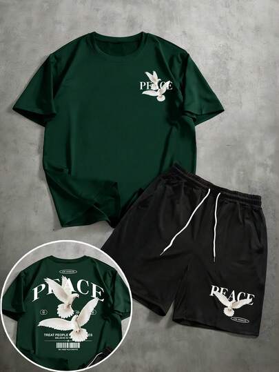 Manfinity メンズ レター&ハト柄 半袖Tシャツ とドローストリング ウエスト ショーツ カジュアルスーツ