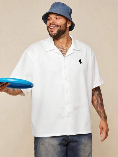 EASEVO Plus Size Men's Knight Embroidery Pattern Single-Breasted Casual Versatile Daily Wear Short Sleeve Shirt