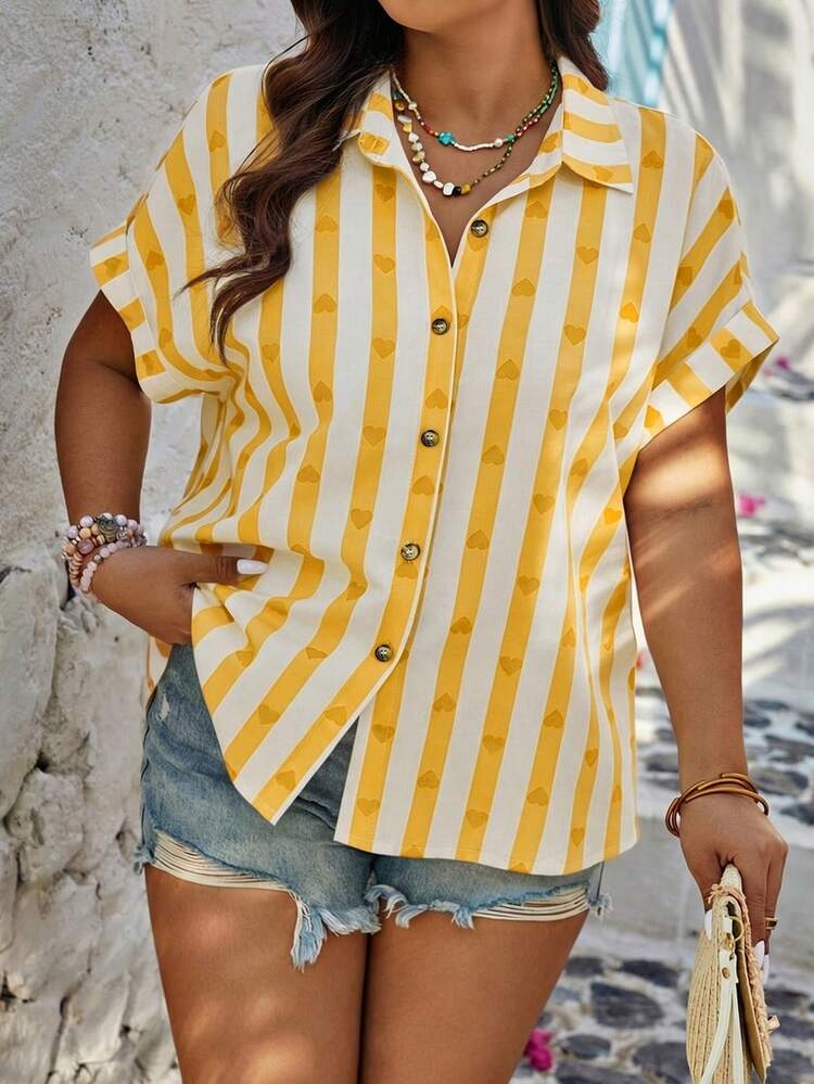 SHEIN LUNE Plus Size Front Button Heart Casual Loose Batwing Sleeve Blouse,Valentine - Multicolor - View 4