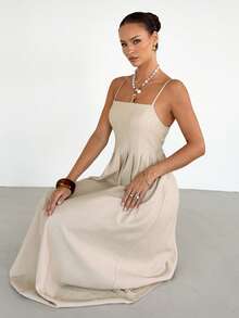 Siren Gaze Đầm ống hai dây bằng vải lanh dành cho nữ, kiểu dáng nghỉ mát. - Màu be - Xem 5