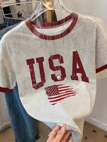 Resyla Camiseta de manga corta de cuello redondo casual con estampado de letras y bandera americana para mujer, verano - Multicolor - Ver 3