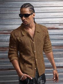 AXEPEAK Áo khoác cardigan dệt kim dài tay cài một hàng khuy dành cho nam, thiết kế khoét rỗng. - Màu Khaki - Xem 7