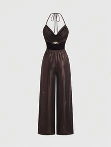 Sweetra Women's 70s Retro Elegant Brown And Gold Ice Silk Jumpsuit,Summer Bombshell Plunging Neck Halter Backless Metal Decor Buckle Party Wide Leg Pant - Coffee Brown - View 2