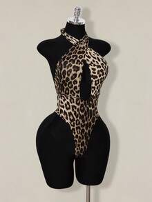 SHEIN ICON Áo liền thân hở lưng cổ yếm họa tiết da báo gợi cảm, thời trang dành cho nữ - Nhiều màu - Xem 7