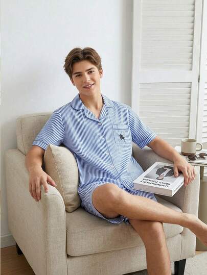 2pcs Teenage Boys' Casual Striped Knit Fabric Short Sleeve Shirt And Shorts Pajama Set, With Embroidered Jockey Graphic