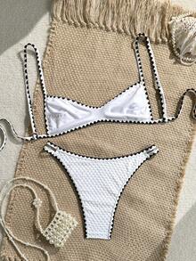 Swim Vcay Spring/Summer Knit Jacquard Wireless Camisole Top And Swim Shorts Women's Vacation Beach Swimsuit Set - White - View 2