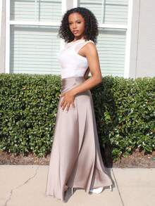 Steph T Women's Elegant Satin Skirt, Versatile Fish Tail Hem A-Line Skirt, Everyday Wear - Khaki - View 4