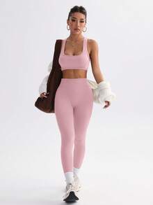 Easithlete Easithlete 2件組女款柔粉色夏季性感健身運動套裝，純色露背綁帶背心上衣與緊身褲，休閒運動瑜珈套裝服飾 - 粉色 - 查看 3