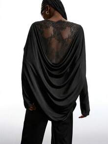 SHEIN EZwear Elegantes Spitzen-Patchwork Sexy T-Shirt in Große Größen, geeignet für Frühling & Herbst - Schwarz - Übersicht 3