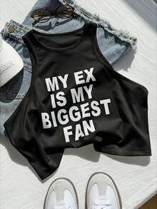 Comfortcana Plus Size Casual Slogan Print Sleeveless Round Neck Tank Top, Spring/Summer - Black - View 4