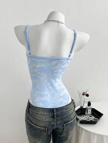 Flirla Women's Casual Summer Vacation Blue Sheer Sexy Lace Bodysuit Tops For Women Summer Cute Lace Cami - Baby Blue - View 2
