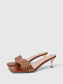 Sleekvia Women's Summer New One-Strap Rivet Square Toe Thin Heel High Heel Open Toe Commuting Chic Sexy Elegant Leather High Heel Sandals - Brown - View 2