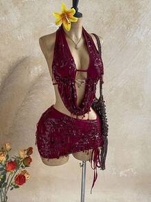 Soleia 两件套新款休闲系带金属扣针织上衣+百褶裙，适合下午茶、海滩、音乐节等场合。 - 酒紅色 - 查看 8