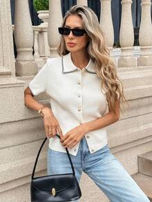 SHEIN PariChic Women's Vacation Short Sleeve Single-Breasted Casual Knit Cardigan - Apricot - View 6