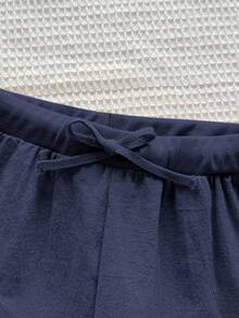 SHEIN Tween Girls' Casual Minimalist Comfortable Mid-Rise Straight Leg Pants - Navy Blue - View 4