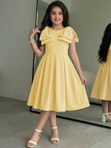 Tween Girl Spring/Summer Elegant Beaded Dress With Large Yellow Bow Decor Tween Girl - Yellow - View 6