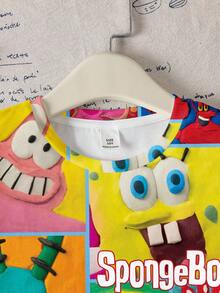 SpongeBob SquarePants | SHEIN Áo thun ngắn tay cổ tròn in hình hoạt hình phong cách thường ngày cho bé trai tuổi teen, thích hợp mặc mùa hè. - trắng - Xem 4